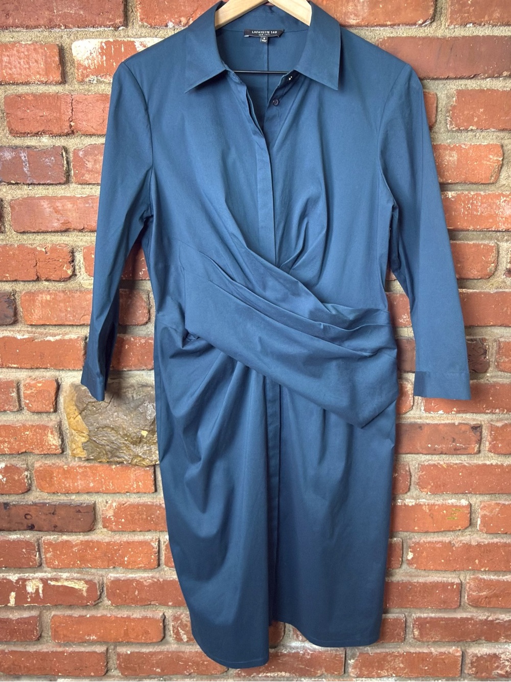 Lafayette 148 Shirt Dress Womens 8 Dark Teal Blue Crossover Ruched Waist Office